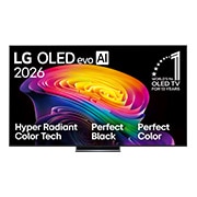 LG 83 colių LG OLED evo AI C6 4K išmanusis TV 2026, 2026 m. išleisto „LG OLED evo AI C6“ priekinėje pusėje matomas plonas juodas rėmelis, o per visą ekraną driekiasi ryškus, tarsi skulptūriškas, sluoksniais susidėjęs vaivorykštės atspalvių sūkurys, tai, OLED83C61LA, thumbnail 1